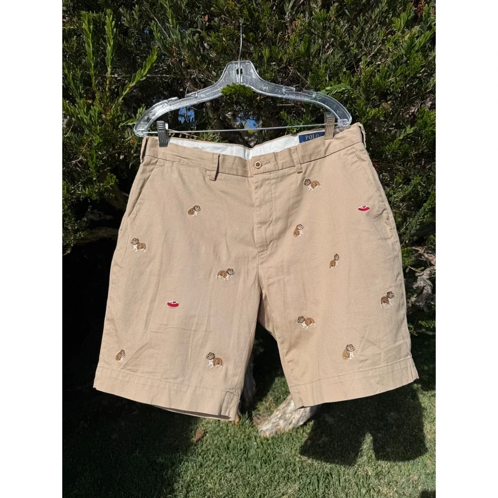 Polo Ralph Lauren Mens 34 Bulldog Embroidered Khaki Stretch Classic Fit Shorts